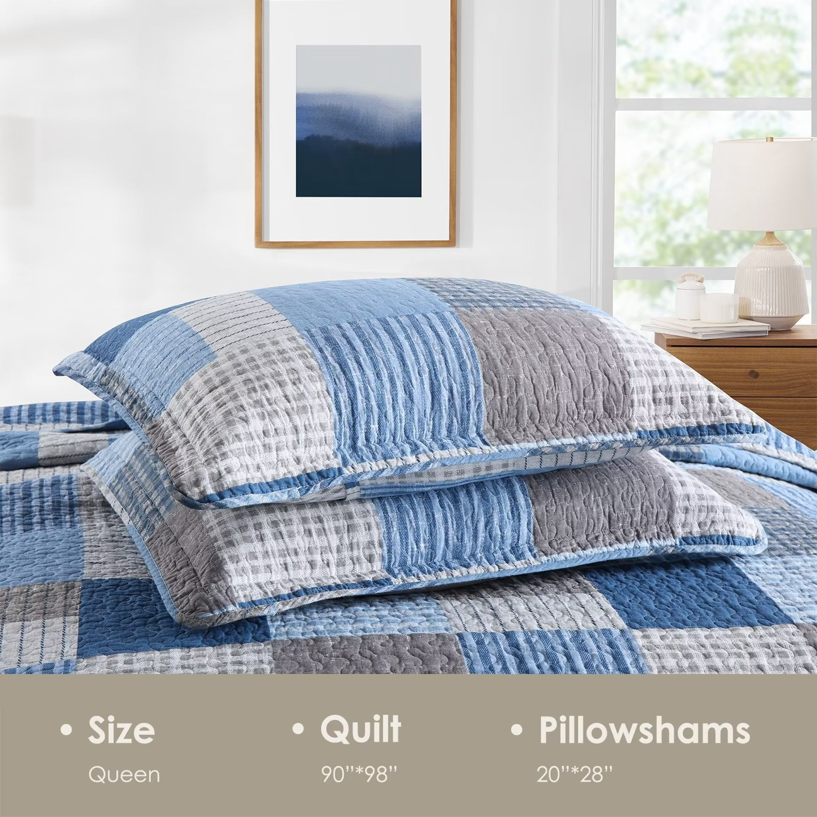 Bedduvit Cotton Quilt Queen Size - 3 Pieces 100% Cotton Lightweight Soft Blue Brown Queen Quilt Set with 2 Pillow Shams,Reversible Striped Plaid Queen Bedspread/Coverlet/Bedding Set for All Seasons