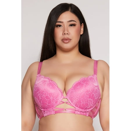 Womens Plus Size Floral Lace Caged Front Plunge Bra