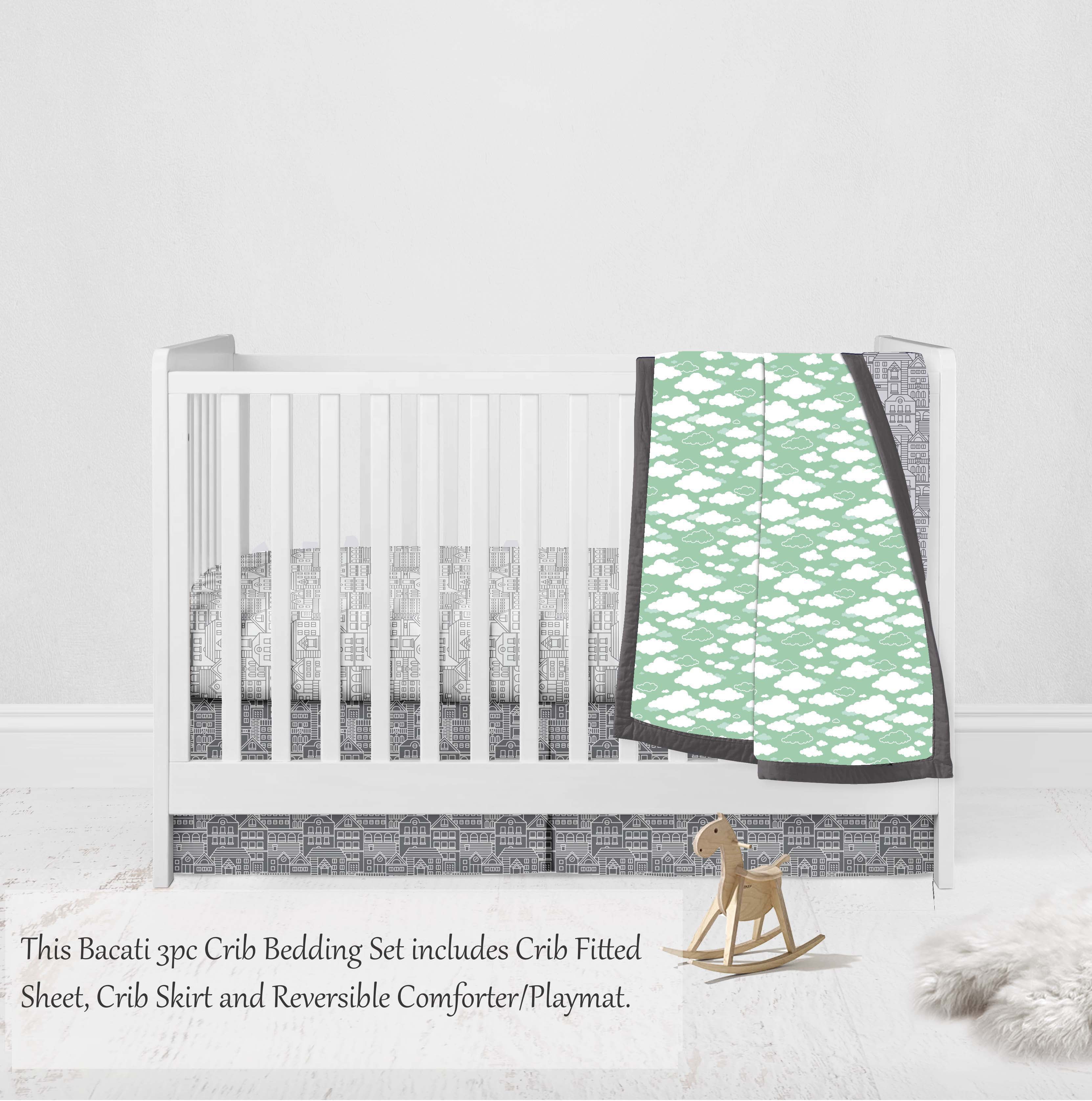 Bacati - Clouds in the City 3-Piece Crib Bedding Set - Mint/Grey Unisex