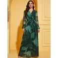 thumbnail image 3 of AURA Women V Neck Chiffon Maxi Dress Lantern Sleeve Leaf Print High Waist Elegant Party Dress, 3 of 8