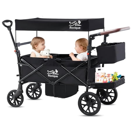 Wagon Stroller for 2 Kids, Premium Foldable Stroller Wagon with Removable Canopy, Harness, Storage for Outdoor Activities