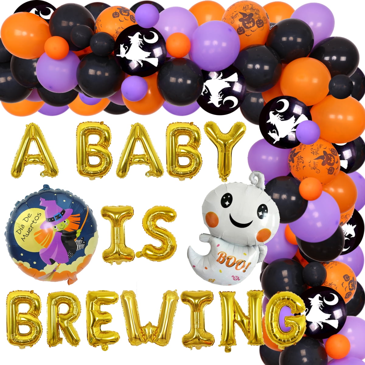 Halloween Baby Shower Decorations for Boys and Girls - A Baby Is Brewing Party Supplies Orange Purple Black Balloon Garland Arch Halloween Ghost Foil Balloon Set for Gender Reveal