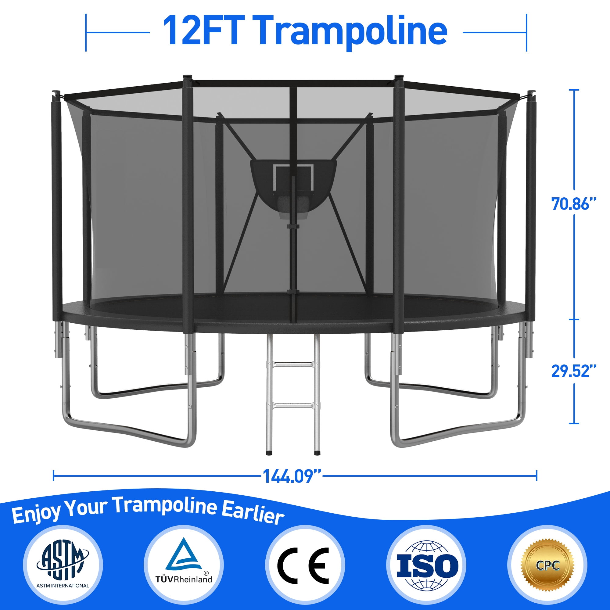 Kacho Trampoline with Enclosure Net and Basketball Hoop, Black, 1.00 x 60.00" x 60.00"
