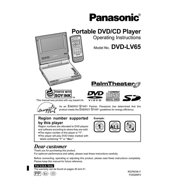 Instruction Manual ONLY for Panasonic DVD-LV65 DVD Player Owners Instruction Manual REPRINT