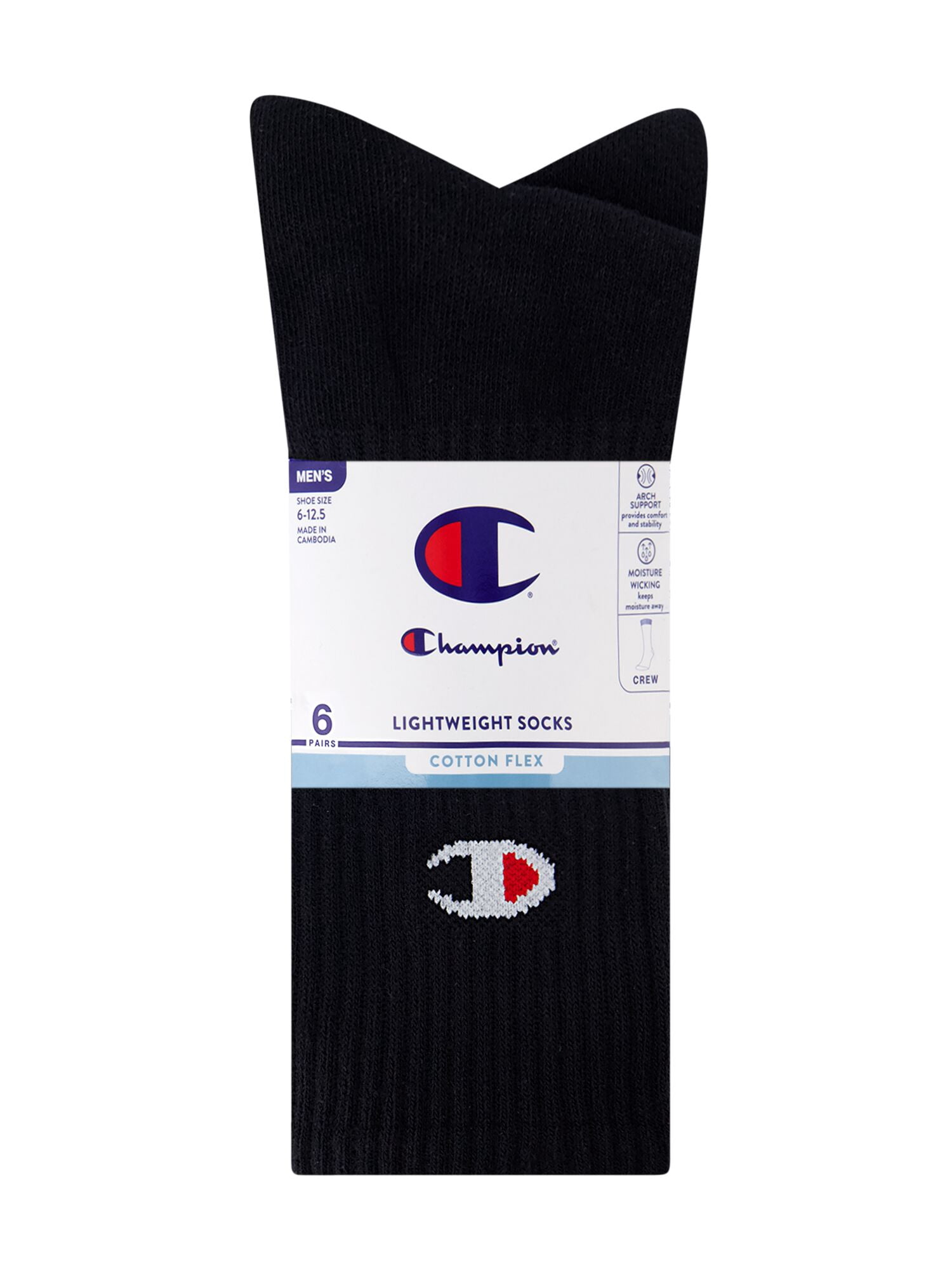 Champion Men’s Lightweight Crew Socks 6 Pack, Moisture-Wicking, Arch Support, Stretch Comfort, Sizes 6–12.5