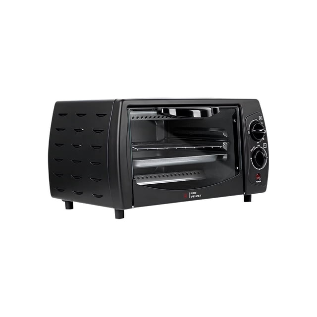 red velvet horno tostador eléctrico de 9 litros - calentamiento rápido hasta 230°c, compacto y eficiente para cocinar y tostar en casa Horno tostador negro RED VELVET, vista frontal 3/4 con puerta transparente; capacidad 9 L y dimensiones 36 x 22 x 20 cm, bandeja para migas extraíble, rejilla interior, perillas giratorias de temperatura y temporizador y luces internas visibles; también suele usarse para recalentar porciones pequeñas.