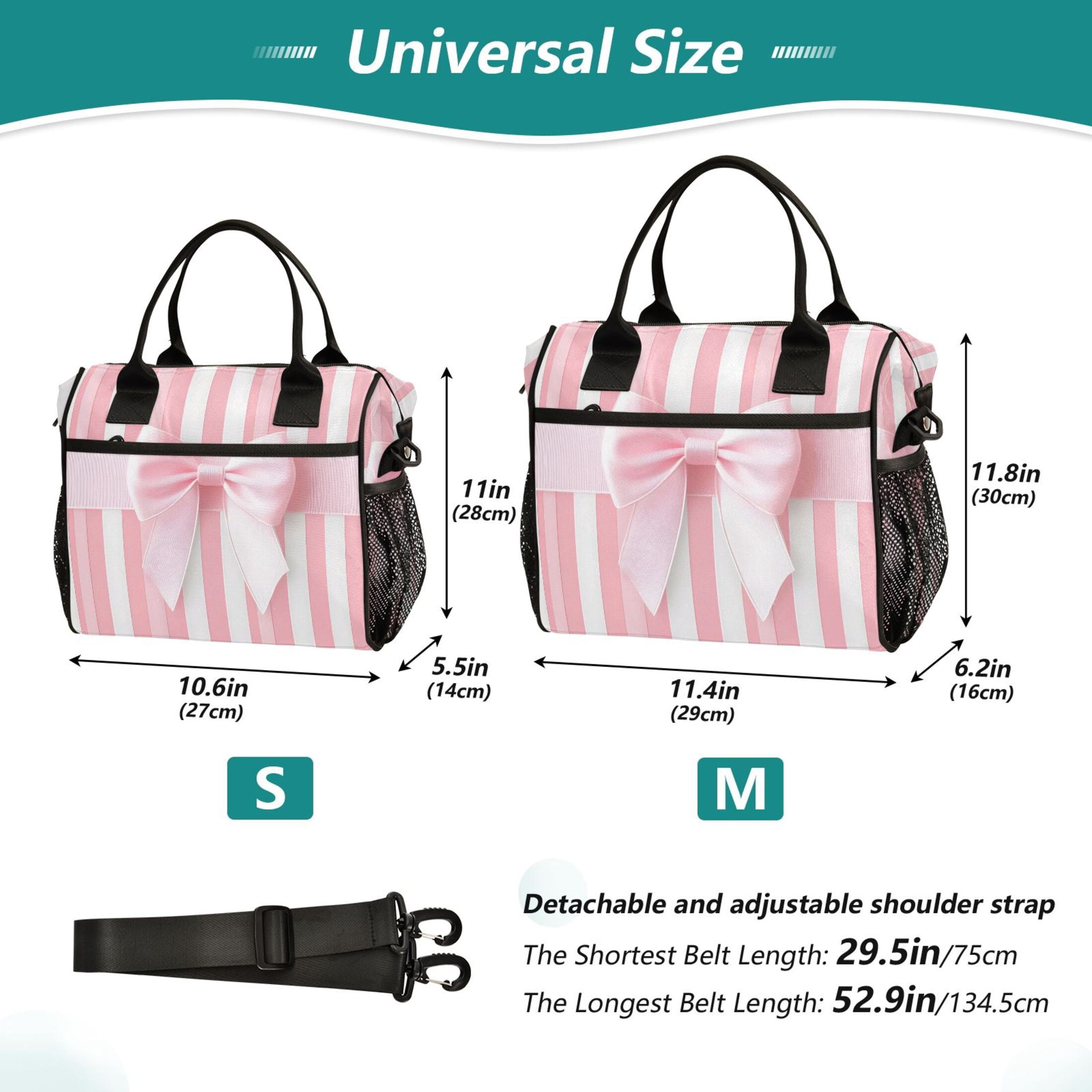 Lunch Bag Insulated Lunch Box Leakproof Reusable Cooler Tote Adjustable Shoulder Strap for Men Women Pink Ribbon Bow 12L