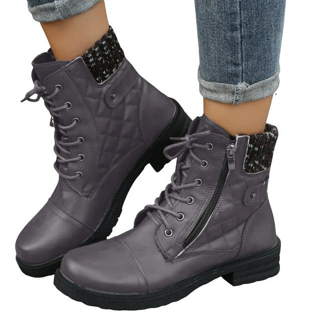 Dakaela Women's Combat Ankle Boots Lace up Military Short Fall Booties Comfortable Side Zipper Motorcycle Riding Shoes