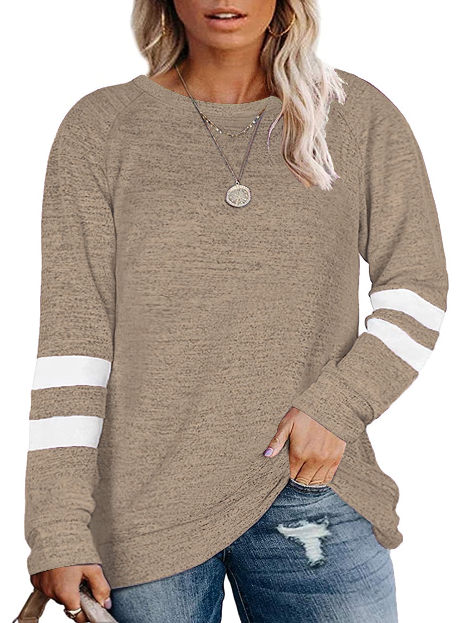 Plus Size Sweatshirts for Women Color block Crewneck Tunic Striped Tops ...