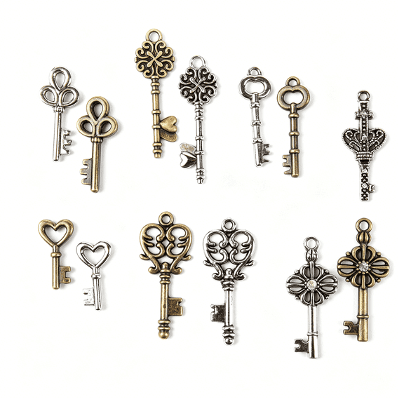 DESIGNICE Diy Antique Keys Bulk Charm Assortment,50 Piece Charms for Jewelry Making,Silver/Gold Metal,Unisex