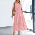 thumbnail image 2 of Huowey Womens Dresses Cotton Linen Short Sleeve High Waist Solid Color V-Neck Smocked Ruched Loose Fit Tiered Simple Breathable Fashionable Flowy Mid Length Dress Outfits Clothing, 2 of 5