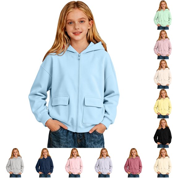 GobdXE Solid Cotton Blend Girls Zip Up Hoodie Long Sleeve Dual Patch Pocket Loose Casual Children Jacket Sweatshirt,2-3 Years(Sky Blue)