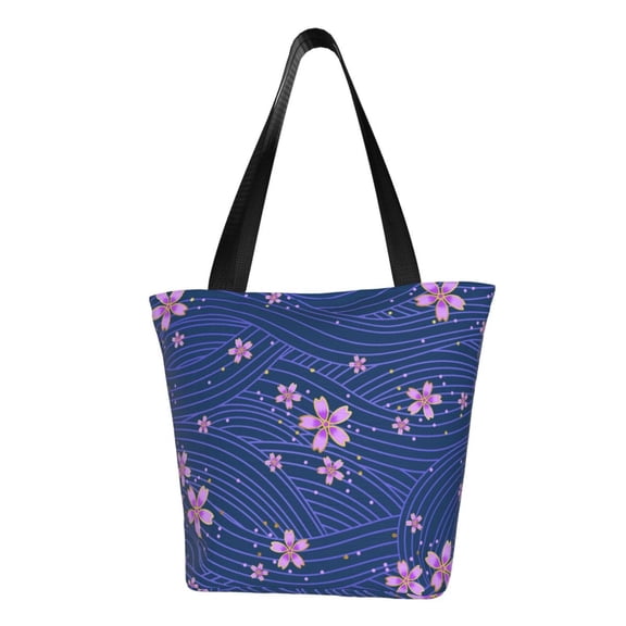 TEQUAN Reusable Shoulder Tote Bags, Blue Japanese Style Flowers Prints Polyester Casual Shopping Grocery Bag for Women