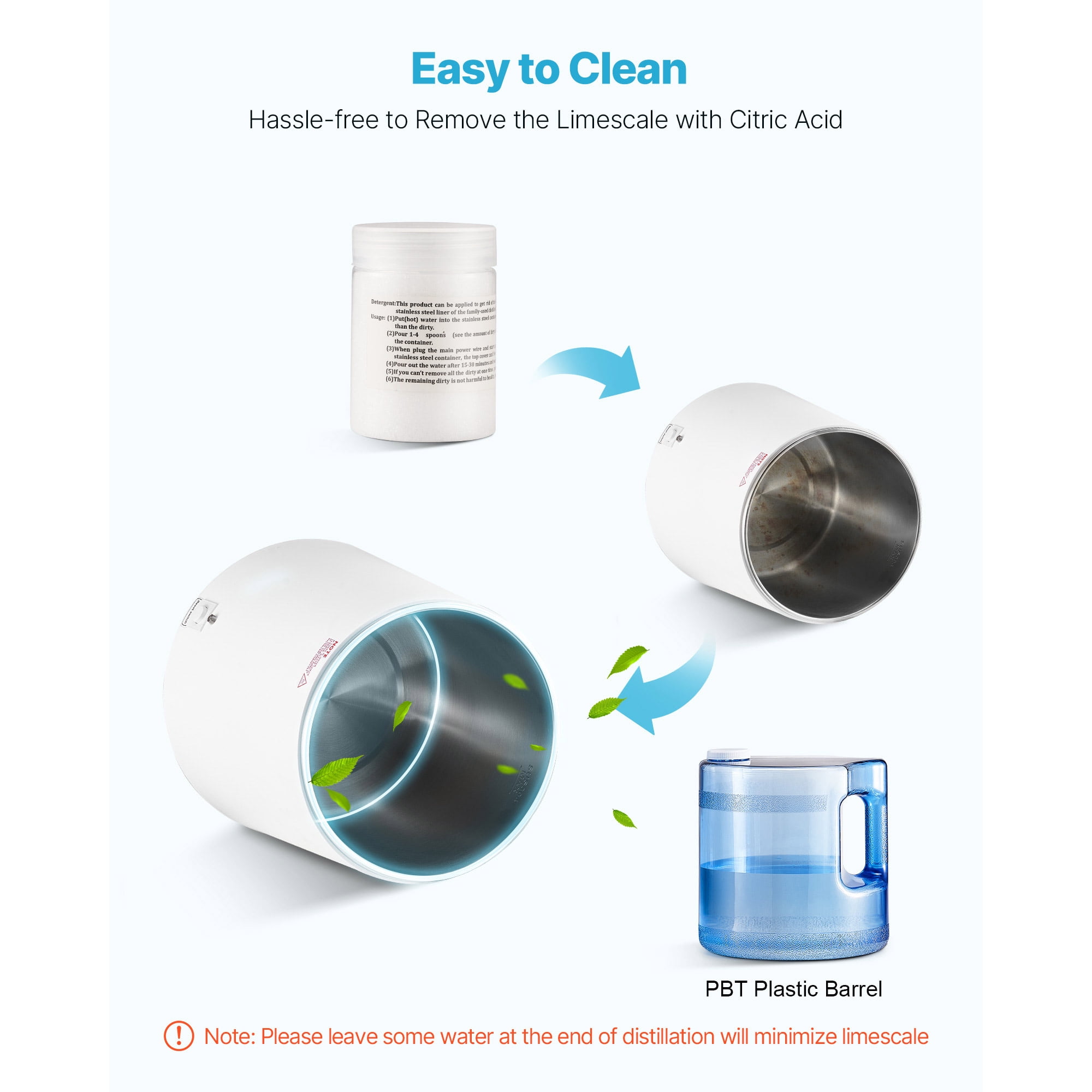 KFFKFF 6L 1.6 Gallon Water Distiller, Home Countertop Purifier with 900W Power, Plastic Exterior and Stainless Steel Interior for Clean Drinking Water, White