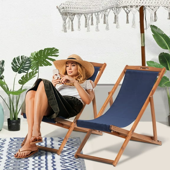 Dkelincs Wood Sling Chairs Set of 2 Beach Chairs Foldable Patio Lounge Chair Outdoor Reclining Lounge Chair with Solid Wood Frame and Polyester Canvas, 3 Level Height Adjustment, (Blue)