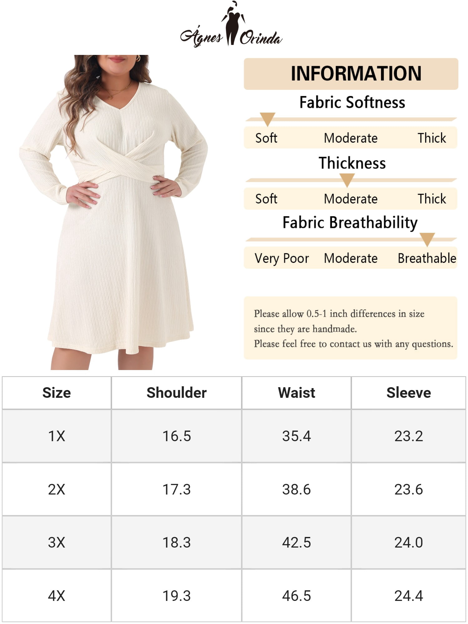 DARING DIVA Plus Size Long Sleeve V Neck Criss Cross Midi Sweater Dress 3X Beige
