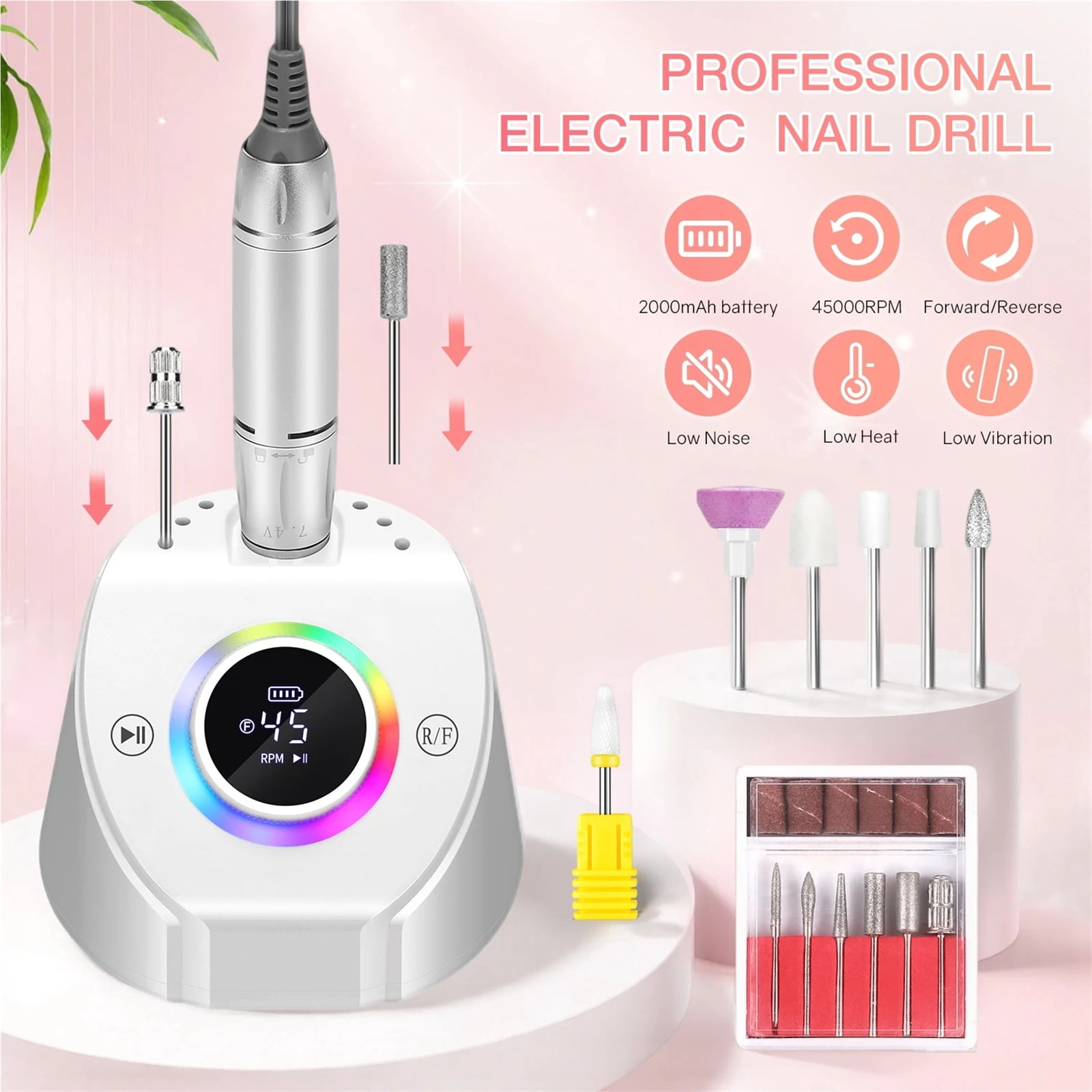 45000RPM Rechargeable Nail Drill Machine Desktop Polishing Machine Electric Sander Low Noise Nail Salon Tools