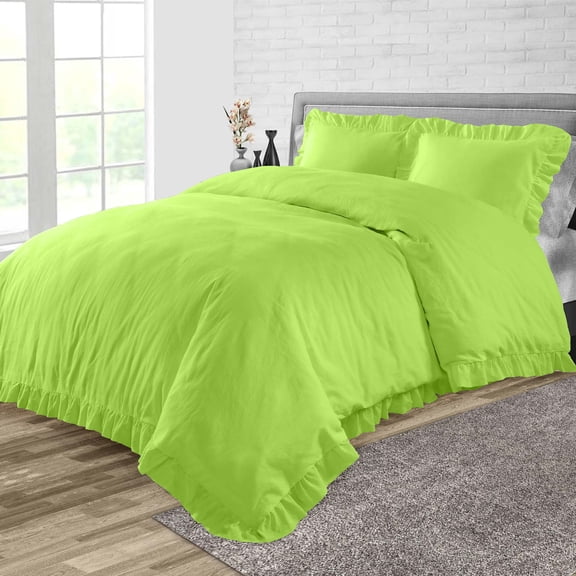 Duvet Cover 3 Piece Egyptian Cotton Cozy & Super Soft 600 TC Trimmed Ruffle Duvet Covers with Zipper Closure & Corner Ties Comforter Cover (Twin/Twin XL, Parrot Green )