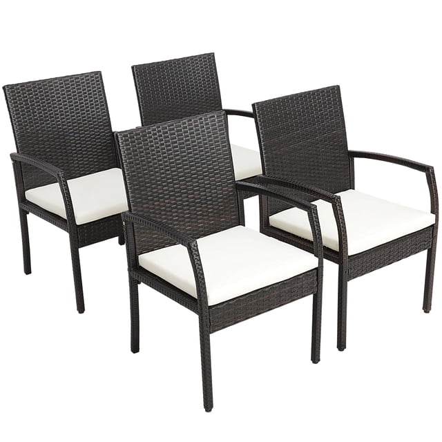 Costway Set de 4 sillas de mimbre para patio, sillas de ratán PE al aire libre con cojín suave con cremallera, marco de metal resistente y mimbre resistente a todas las condiciones climáticas