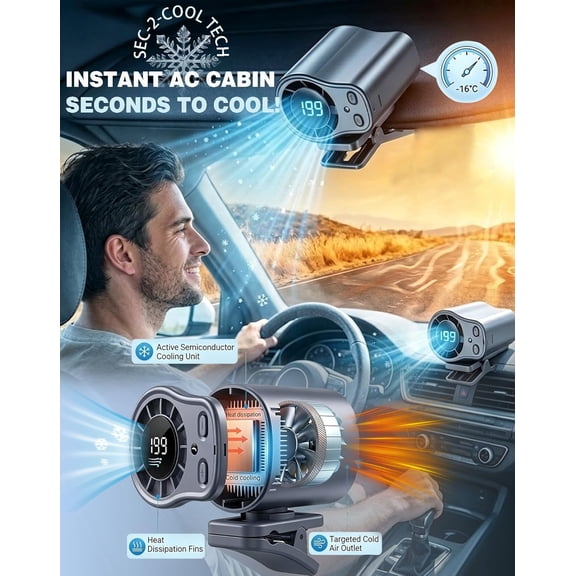 Clip on Air Conditioner for Car, 2026 Car Clip on Air Conditioner Fan with LED Display, 199 Speeds & 360 °   Rotation Semi-Cooling Clip Fan, Hands-Free Portable AC for Car, Van, Truck, SUV