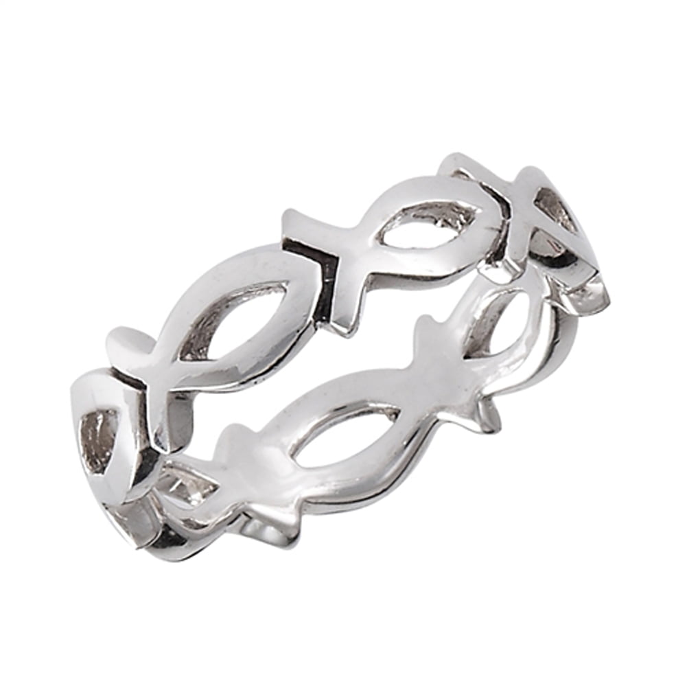 Eternity Christian Fish Icthus Promise Ring .925 Sterling Silver 