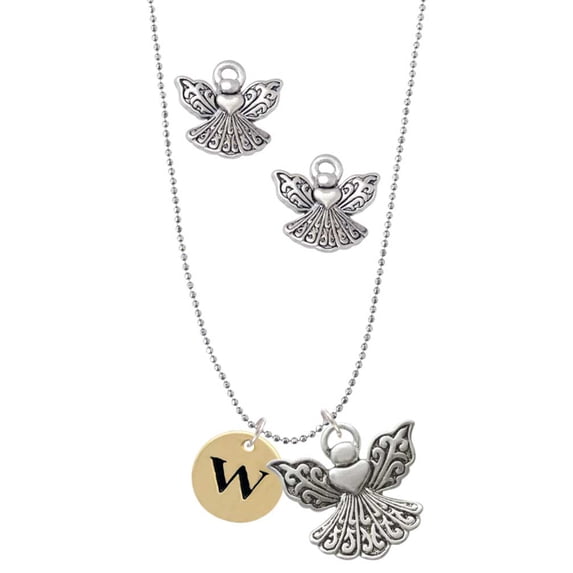 Delight Jewelry Goldtone Disc 1/2'' Initial - w - Silver tone Guardian Angel Charm Necklace and Stud Earrings
