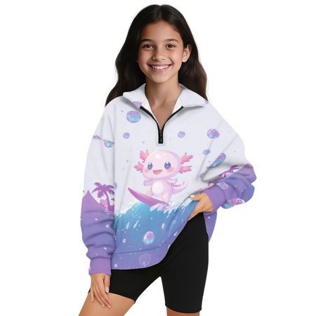 Xoenoiee Axolotl Bubble Palm Tree Print Girls' 1/4 Zipper Sweatshirts Casual Oversized Long Sleeve Pullover Tops Cute Half Zipper Hoodie Sweater，Size 5-6 Years