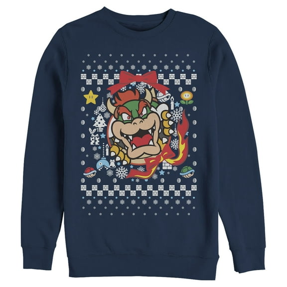 Men's Nintendo Christmas Bowser Wreath Sweatshirt Navy Blue Medium