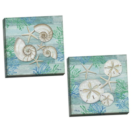 Gango Home Decor Shell, Sand Dollar & Starfish Nautical Coastal Beach Wall Art by Paul Brent; Two Blue 12x12in Hand-Stretched Canvases (Ready to