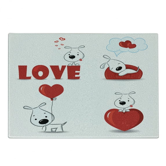 Love Cutting Board, Funny Dogs with Heart My Pet Best Friends Companions Ever House Animal Theme, Decorative Tempered Glass Cutting and Serving Board, Small Size, Red White, by Ambesonne