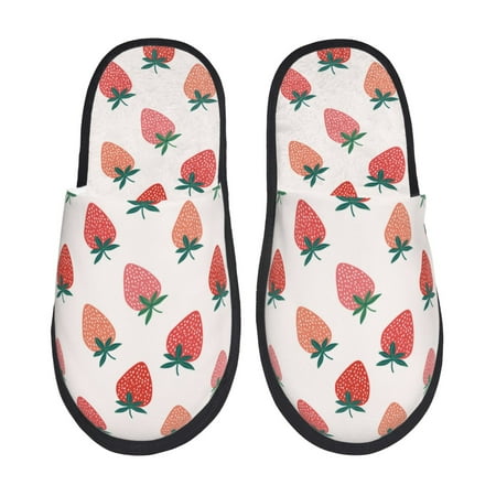 Balery Hand Drawn Strawberry Slient Indoor Furry Fleece Comfort House Shoes Soft Non-Slip Home Shoes Cotton slippers House Slippers-- Large