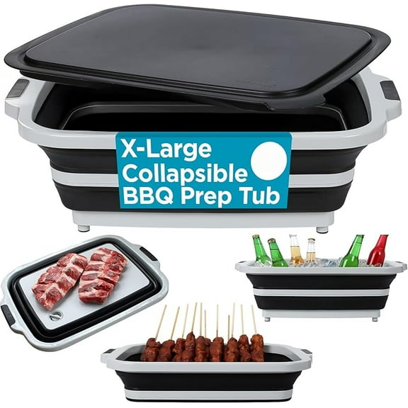 Collapsible Large BBQ Prep Tub w/Cutting Board, Multi-Function Grill Caddy w/Colander & Lid, Portable Silicone Dish Bowl for Picnic, Tailgate, Camping
