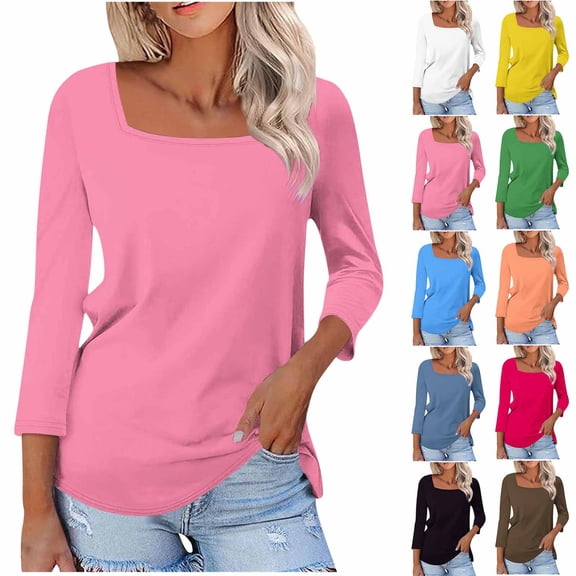 Women Plus Size Tunic Blouse Square Neck 3/4 Sleeve Solid Color Pullover Casual Loose Fashion Basic Tees (XL, Pink)