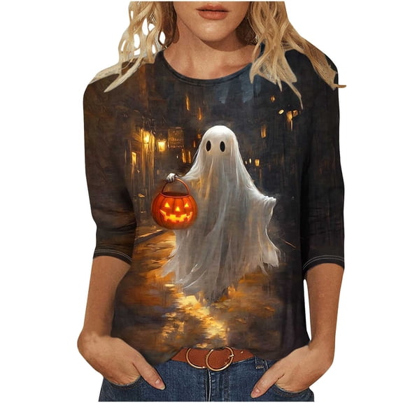 aohooy Plus Size Tops for Women Halloween Three Quarter Sleeve Funny Graphic T-Shirts Holiday Festivel Party Crewneck Tunic Tops Multicolor,M