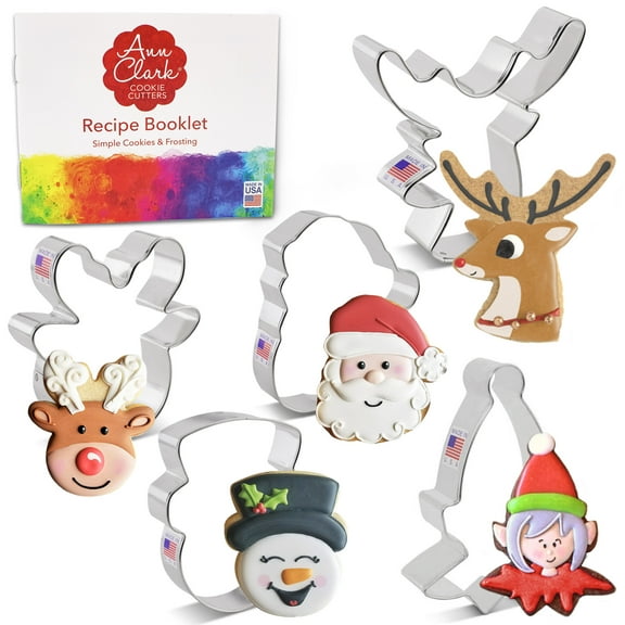 Ann Clark Faces of Christmas Cookie Cutters Santa, Reindeer, Snowman, Elf, 5-Piece Set, Made in USA