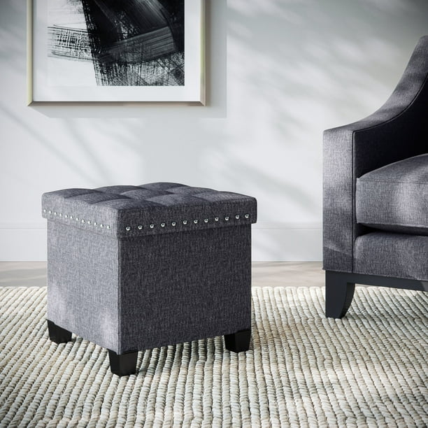 Nathan James Payton Foldable Cube Storage Ottoman Footrest And Seat With Gray Fabric Com Nathan James Payton Foldable Cube, Collapsible Cube Storage Ottoman Foot Stool With Tray