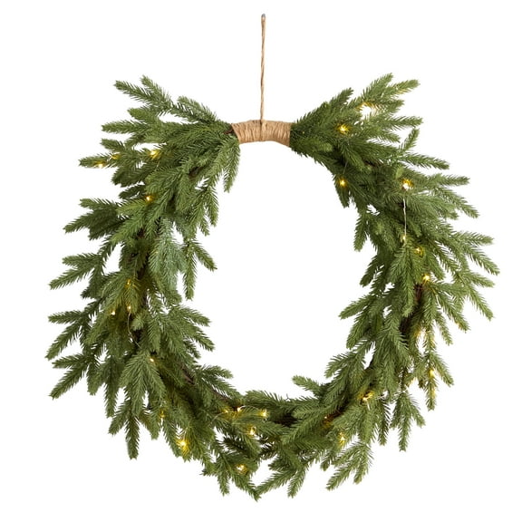 Nearly Natural Plastic Holiday Clear Prelit LED Battery Operated Christmas Cascading Pine Wreath, 24" (Green)