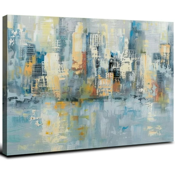 Acheng Bathoom Pictures Decor Wall Art - New York City Empire State Building Landscape Blue Grey Abstract Painting Painted with Gold on Canvas for Bedroom Walls Decoration 20x16inch