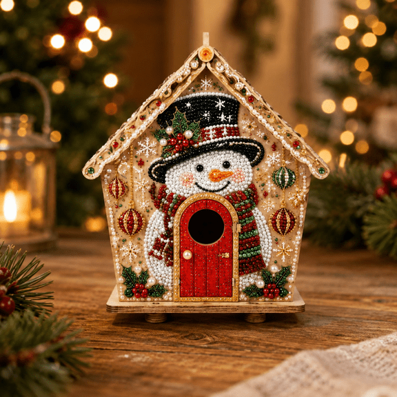 Christmas Snowman Bead Art House Kit 3D Pearl Craft Ornament for Tree Tabletop Mantel Shelf and Indoor Winter Decor 5.7 in