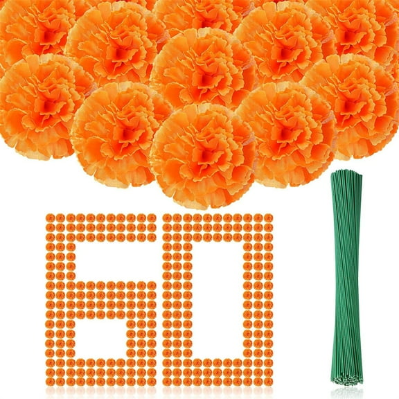 Duslogis 60Pcs 2.3'' Marigold Flower Heads Bulk, Silk Marigold with Stems Artificial Flowers for Diwali Home Decor Day of The Dead Wreath Garland (Orange)