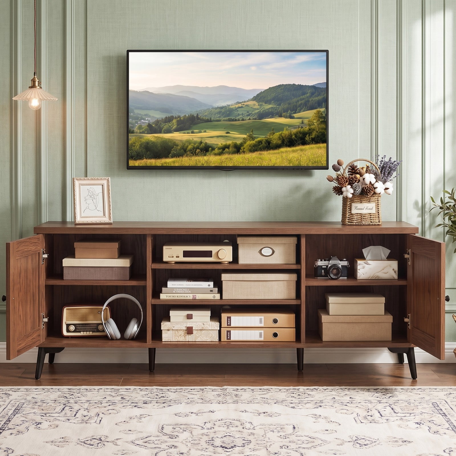 Furnibear 2-Door TV Stand for TVs up to 65 Inch, Mid Century Modern Entertainment Center with Adjustable Shelf, 3 Open Compartments & Cable, Turquoise/Brown