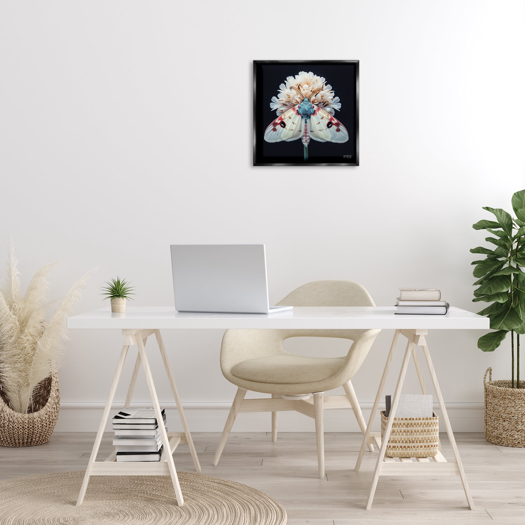 Stupell Industries Moth & White Flowers Animals & Insects Painting Black Floater Framed Canvas Art Print Wall Art, 18 x 18