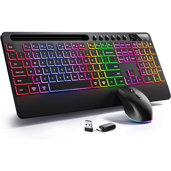 Wireless Keyboard and Mouse Combo:RGB Backlit Effects,Ergonomic Full Size Silent Keyboard,Wrist Rest,2.4G Rechargeable with Phone Holder Black