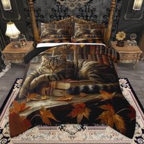 Manfei 3D Kawaii Cat Bedding Comforter Set for Teens, Retro Mid Century Books Twin Comforter Sets, Autumn Maple Leaf Reversible Bedding Set, Breathable Home Decor, 2 Pieces