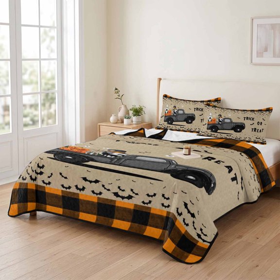 3 Piece Summer Bed Quilt Set Queen Size,Vintage Truck Pumpkin Gnome Lightweight Bedspread Coverlet with 2 Pillowcases Trick Or Treat Words on Linen Soft Comforter Bedding Quilts for All Season