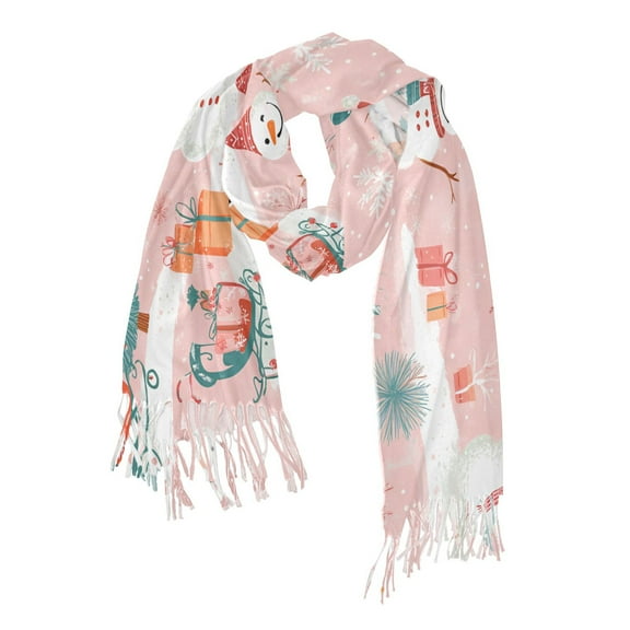 FORMRS Womens Scarf Winter Soft Long Big Warm Shawls Wrap Tassel Scarves, Pink Christmas Snowman