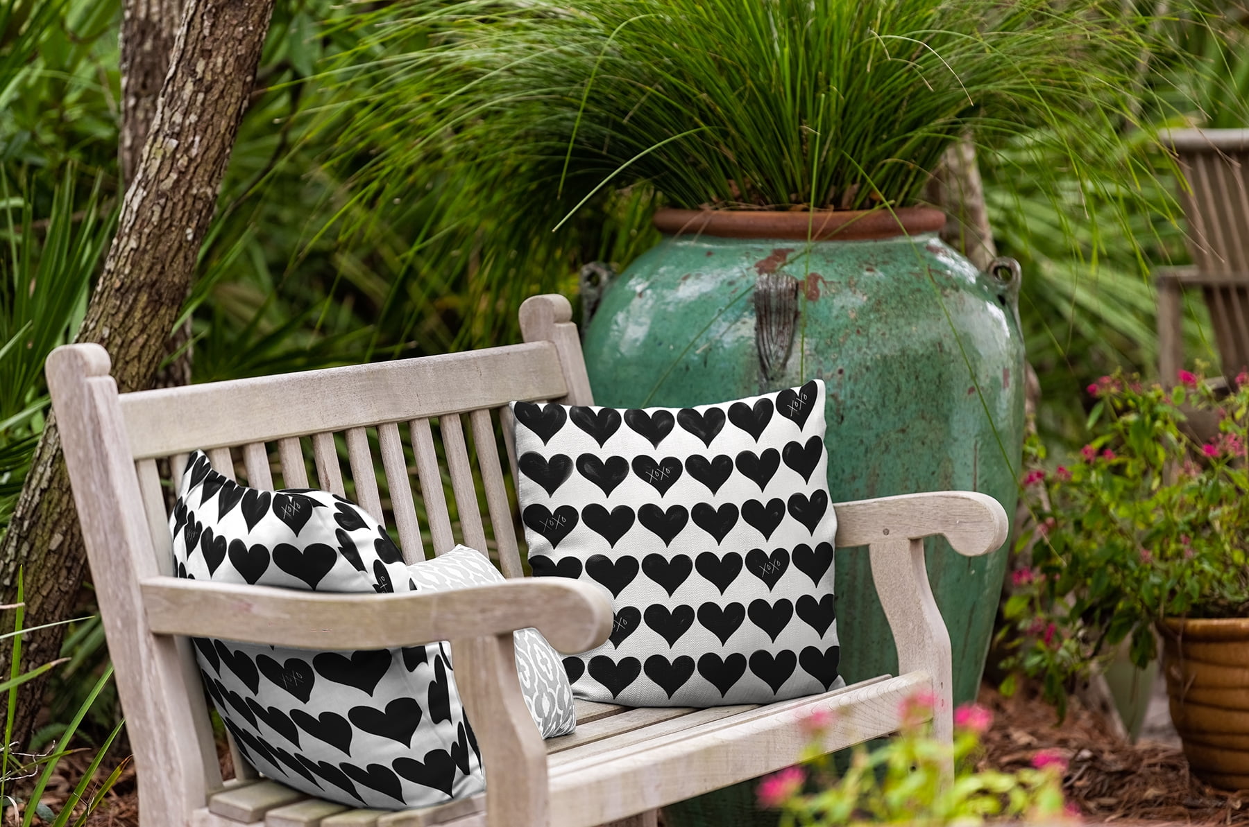 16"x16" Simply Daisy Valentines XOXO Colored Hearts Poly Indoor/Outdoor Pillow, Black-White Qty 1