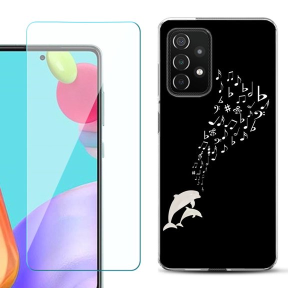 Slim-Fit Flexible Gel TPU Phone Case compatible with Samsung Galaxy A52 5G, with Tempered Glass Screen Protector, by OneToughShield ® - Dolphin Music