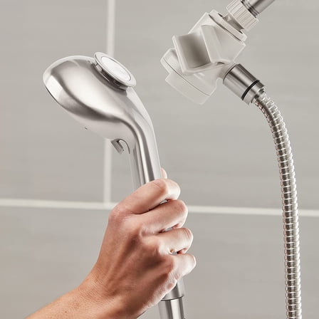 Magnetic Dual Dock Adjustable Height Hand Held Shower Head With 5-Foot Metal Hose and PowerPulse Shower Massage, Brushed Nickel QMK-759ME