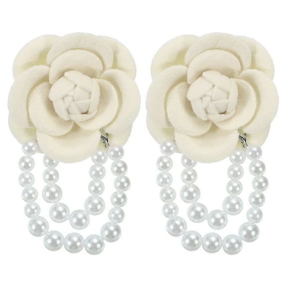 Uxcell Fabric Camellia Flower Brooch Elegant Pearl Tassel Pin Floral Corsage Bracelet Dual Use for Women, White,2 Pack